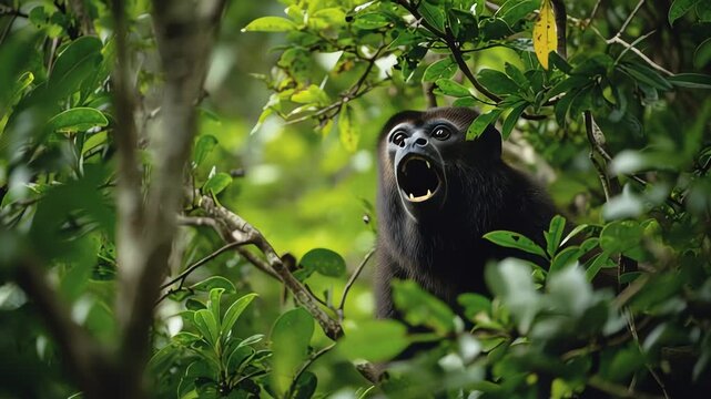 Black Howler Monkey Roaring Loudly in Dense Jungle Canopy
