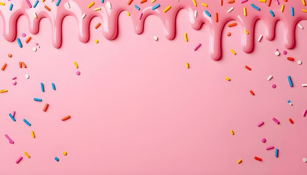 A vibrant pink background with colorful sprinkles and pink icing drips, perfect for a festive celebration or sweet treat