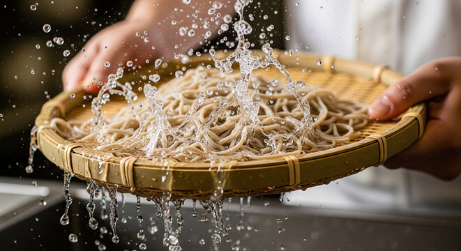 Chef washing fresh soba noodles with cold water in bamboo sieve