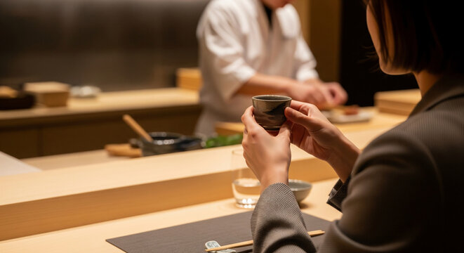 Business professional enjoying authentic sushi omakase dinner during a business trip