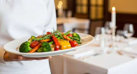 Professional chef serving a plate of grilled vegetables for healthy dining