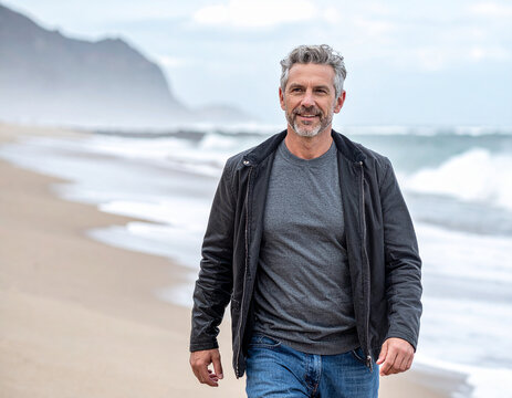 Attraktiver, lässiger Mann mittleren Alters an der Küste.