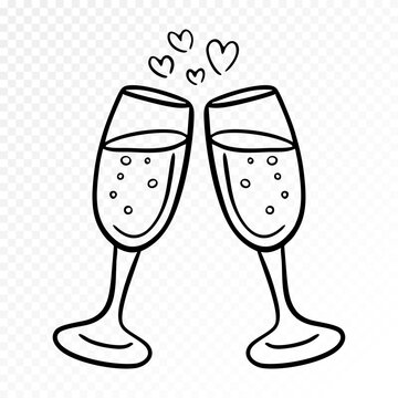 Hand drawn clinking champagne glasses with hearts, romantic toast illustration for valentines celebration, elegant love moment in clean black line art isolated on transparent background. Vector illust