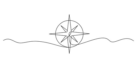 Minimalist line drawing of a compass rose integrated with a wavy line representing ocean waves. Vector, illustration © Badhon_Designer
