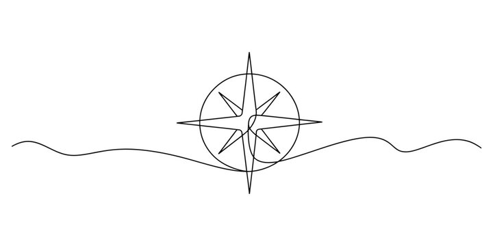 Minimalist line drawing of a compass rose integrated with a wavy line representing ocean waves. Vector, illustration