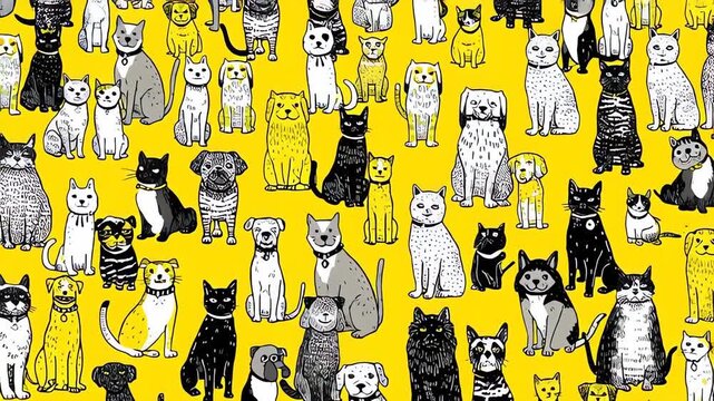 Cartoon Cats and Dogs Pattern Seamless Hand Drawn Pet Illustration
