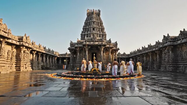 Worshippers participating in Lakshmi Puja at temple during festival celebration with traditional attire and offerings. Lakshmi Puja involves rituals, prayers,