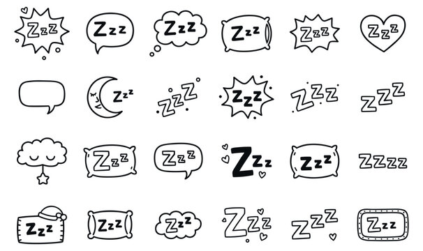 Sleep doodle icons set, zzz symbols and hand drawn dream speech bubbles on transparent background