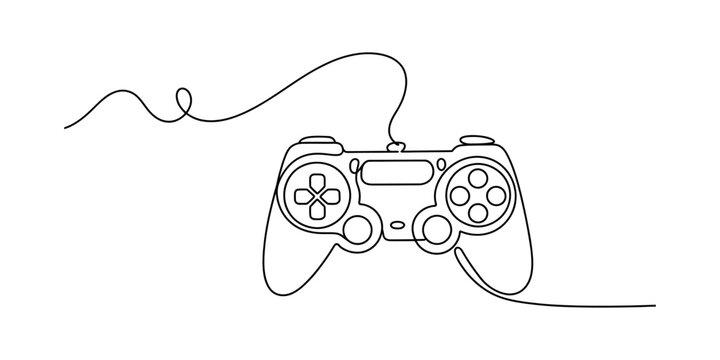 Continuous line drawing of a modern video game controller with its cable on white background Vector, illustration