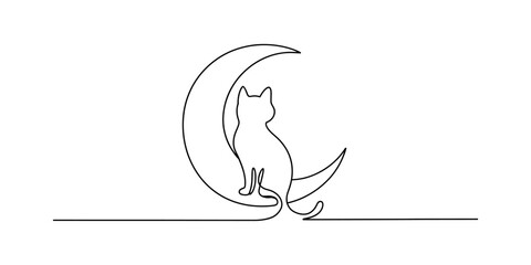 Minimalist continuous one line drawing of a cat sitting on a crescent moon silhouette Vector, illustration © Badhon_Designer
