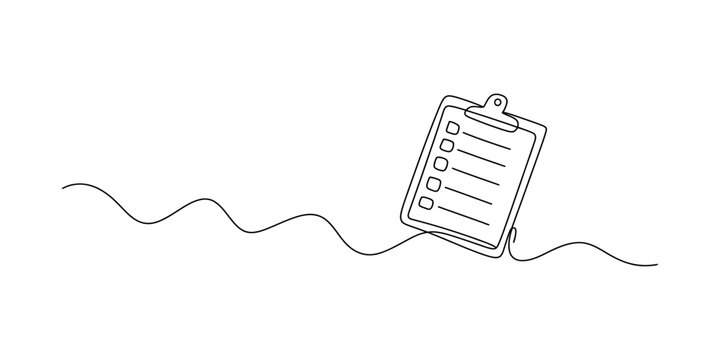 Clipboard with a checklist drawn in a single continuous line style on a white background. Vector, illustration