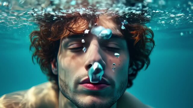 A person dives underwater blows bubbles and explores the pool using unique water movements in bright sunlight during midday