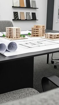 Architectural office workspace with scale models of buildings and rolled blueprints on a black desk with a textured grey chair in the foreground