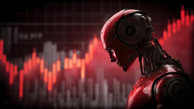 Red AI robot standing in front of a falling stock market chart, dramatic red trading decline, financial crash and recession concept,  AI and economy crisis background 