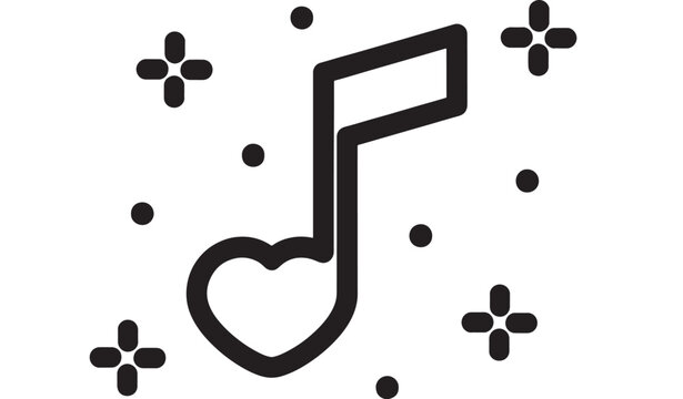 Music note icon with heart shaped notehead and sparkle confetti elements, minimal black outline symbol for romantic playlist, audio app UI, sticker, logo design