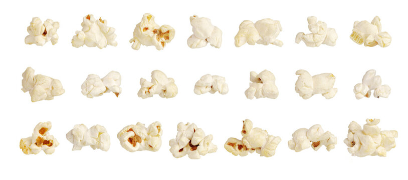 pieces of salty popcorn representing home cinema and entertainment. Clear studio shot on white background. Ideal for social media content, streaming service ads, and event flyers.