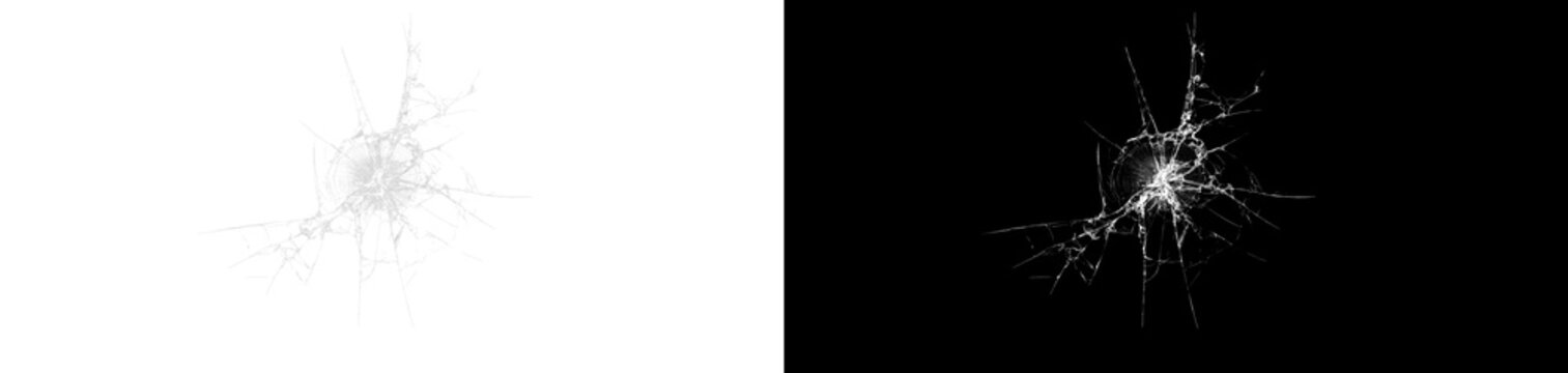 Realistic glass crack impact with sharp fracture lines isolated on dark and light background. Broken surface texture with central hit point and scattered splinters.