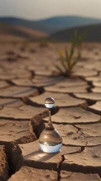 Hourglass on dry cracked earth landscape.
