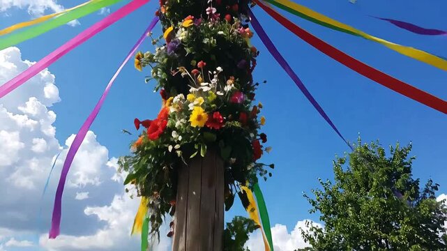 A wooden pole decorated with colorful ribbons and vibrant flowers stands tall against a bright blue sky with f clouds.