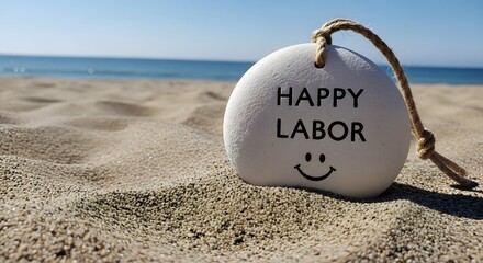A white stone with happy labor day and a smiley face on the beach