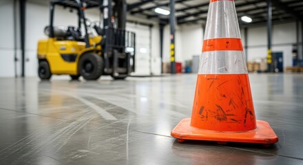 Fototapeta premium Orange safety cone close-up on polished concrete floor inside large industrial warehouse with blurry yellow forklift in the background, emphasizing workplace safety and logistics operations.