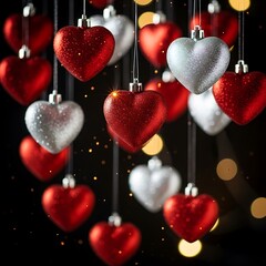 Elegant holiday heart ornaments hanging in festive, sparkling display