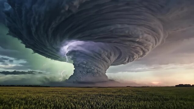 Powerful Supercell Thunderstorm and Tornado over a Green Rural Field