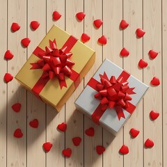 Two elegantly wrapped gifts surrounded by scattered red heart shapes on a wooden surface.