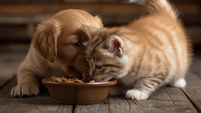Adorable Puppy and Kitten Share Food Bowl on Wooden Floor