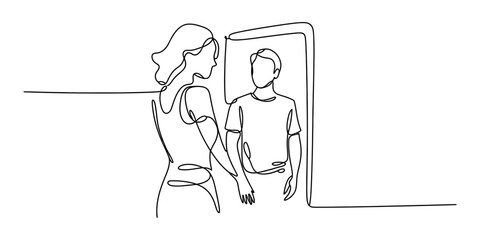 Fototapeta premium One line art illustration of a woman looking at a man standing in an open doorway. Vector, illustration