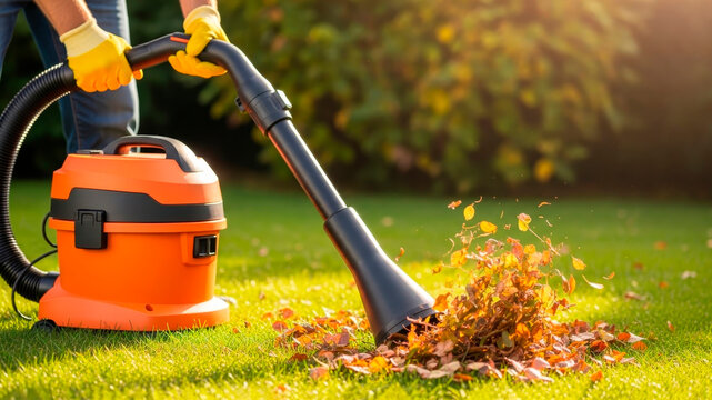 A farmer uses a vacuum cleaner with a wide nozzle to collect fallen leaves from the ground. Seasonal leaf and debris removal.