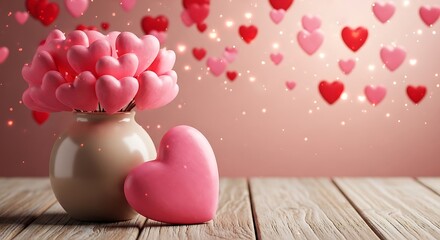 Whimsical pink heart-themed decor with floating hearts and a bouquet arrangement