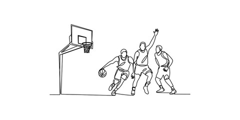 Minimalist line drawing of basketball players in action on a court with a hoop Vector, illustration © Badhon_Art Gallery