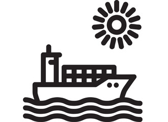 Obraz premium Ship cargo icon with container vessel sailing on waves under sun, bold black glyph pictogram for maritime transport, shipping logistics, harbor and sea travel signage