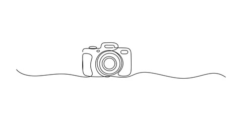 Continuous one line drawing of a professional digital camera on a wavy horizontal line. Vector, illustration © Badhon_Art Gallery