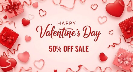 Valentine's day sale offering fifty percent off gifts and heart-themed products