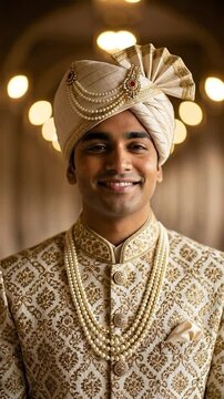 Portrait of a handsome young Indian groom wearing traditional cream and gold sherwani with turban and pearl necklace for a wedding ceremony