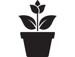 Obraz premium Plant pot icon with sprouting flower and leaves, black silhouette botanical symbol for gardening, nursery, eco logo, houseplant app UI, isolated on white background