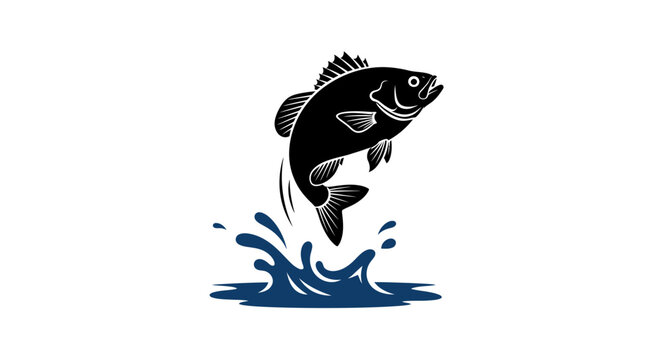 Dynamic black fish jumping out of water with splash illustration, perfect for fishing and aquatic themes.