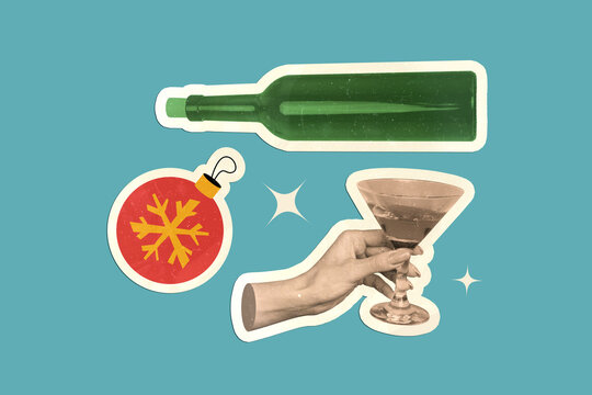 Creative 3D photo collage trend artwork of hand hold cocktail galss drink bottle wine ball snow decoration winter festive dream atmosphere