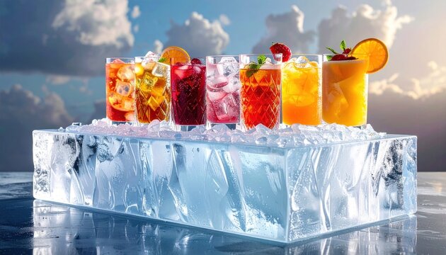 Colorful cocktails on ice block against a bright sky.