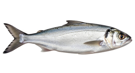 Obraz premium A single mackerel fish with a silver body and dark blue stripes on a white background
