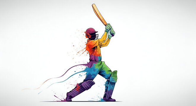 Cricket batsman action illustration in colorful paint style showing powerful batting pose on white background for world cup t20 ipl match promotion design