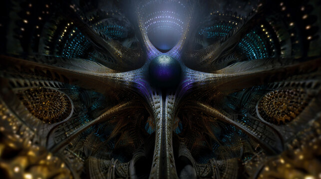 gigantic sentient architectural entity in hyperbolic fractal space, neon iridescent multidimensional architectural humanoid titan, higherdimensional cosmic megastructure being in hyperspace