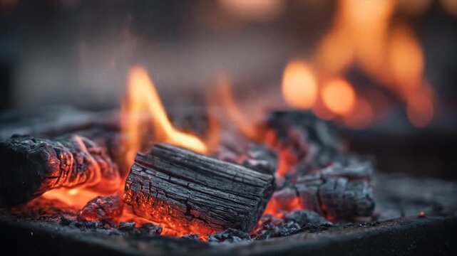 Close up of glowing embers and tools for cooking with overhead lighting