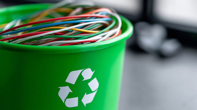 Green recycling bin with colorful wires