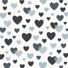 ハートのシンプルパターン（モノトーン）ー ブラックとグレー系のハートをランダムに散りばめた、シンプルで洗練されたシームレスなハートパターン。デザインペーパー、ポストカード、マスキングテープ、マスキングシールブックタイプ、フレークシール、ノートの表紙、クリアファイル、ハンカチ、ミニタオル、箸、マグカップ、皿、キッチンクロス、カラトリー、キッチン雑貨、ボールペン、ペンケース、ポーチに最適。