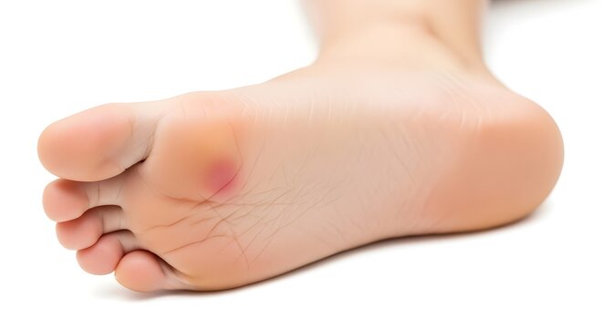 A close-up view of a foot with a callus and corns on the sole against a clean white background.