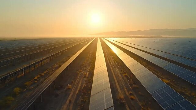Aerial view shows rows of solar panels reflecting the golden sunrise in a sustainable energy farm.