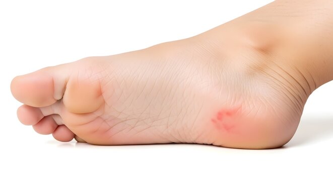 Close-up of a foot with visible corns and calluses on the heel against a clean white background.